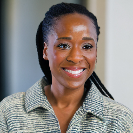 Woman starignt to the right of the camera, black braided hair, professional grey, collarded shirt, beautiful smile