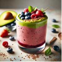 image of a pink smoothie with blueberries and raspberries on top and a mint leaf garnish