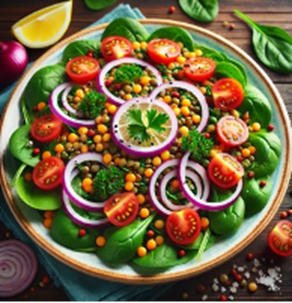 Image of a salad with bell peppers, tomatoes, onions and lentils