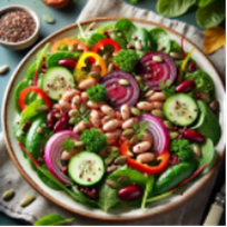 Image of a salad with beans, cucumbers, beets, bell peppers and spinach