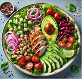 image of a dish with avocado, tomatoes, sliced purple onions, kidney beans