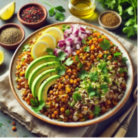 image of a salad with avocado, lemons, letnils