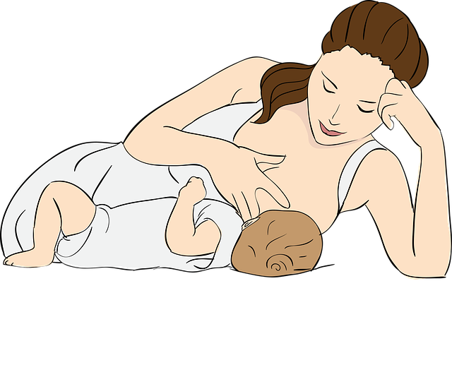 cartoon image of a woman breastfeeding her baby in sidelying position