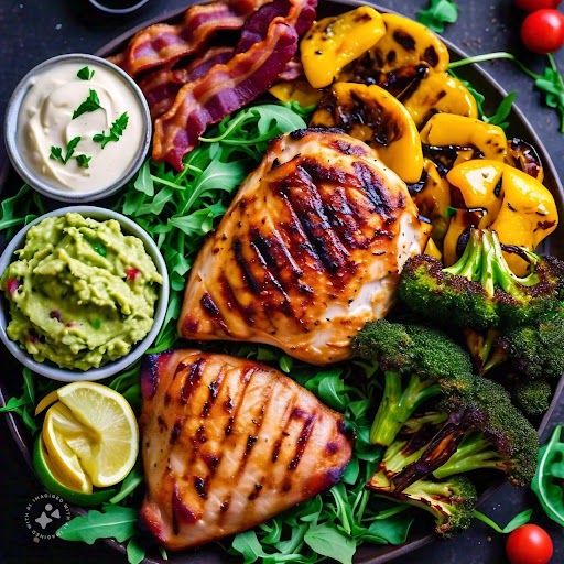 Image of a keto compliant dinner plate including grilled chicken on a lot of vegetables