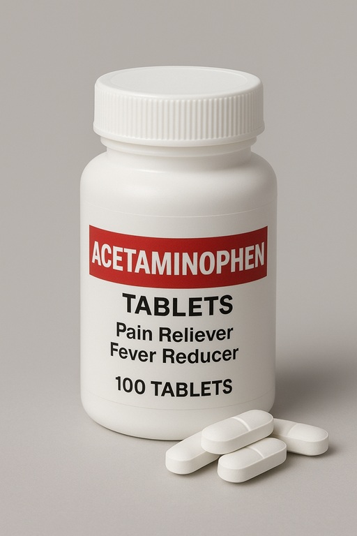 Image of a pill bottle that has a label that says acetaminophen tablets, 100 tablets. There are a few tablets freely lying in front of the bottle. Plain background